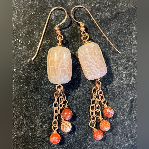 Fire Crackle Agate Genuine Gemstone Handmade Earrings, Copper Chain & Ear wires - Picture 2 of 4